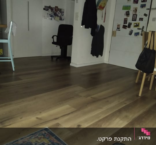 רצפת פרקט עץ כהה עם שטיח צבעוני בפינה